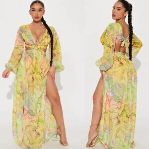 FASHION NOVA WILLLOW MAXI DRESS YELLOW/COMBO SIZE MEDIUM NWT